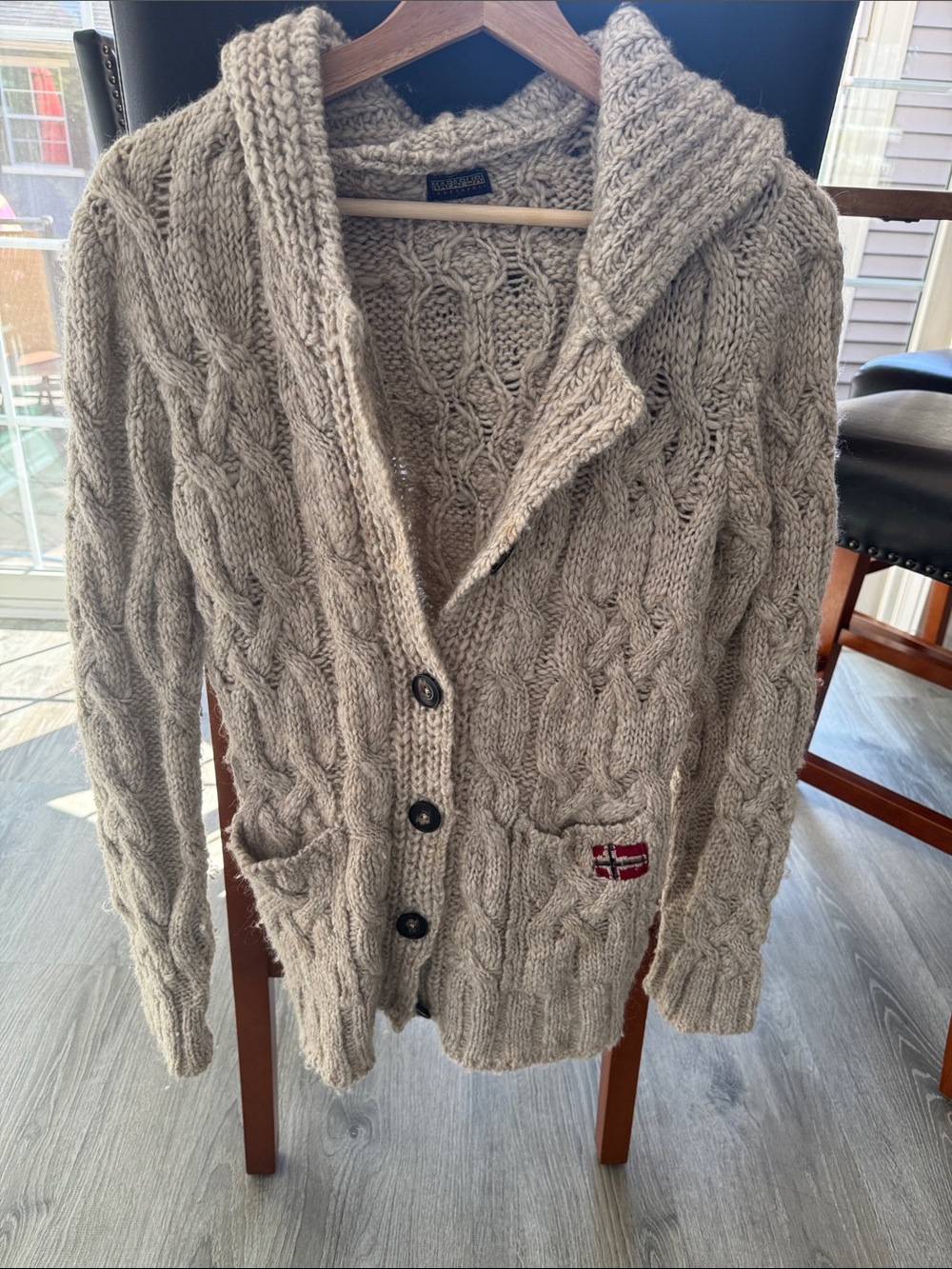 Napapigri wool/ alpaca blend Cable Knit hooded Cardigan Sweater - Beige